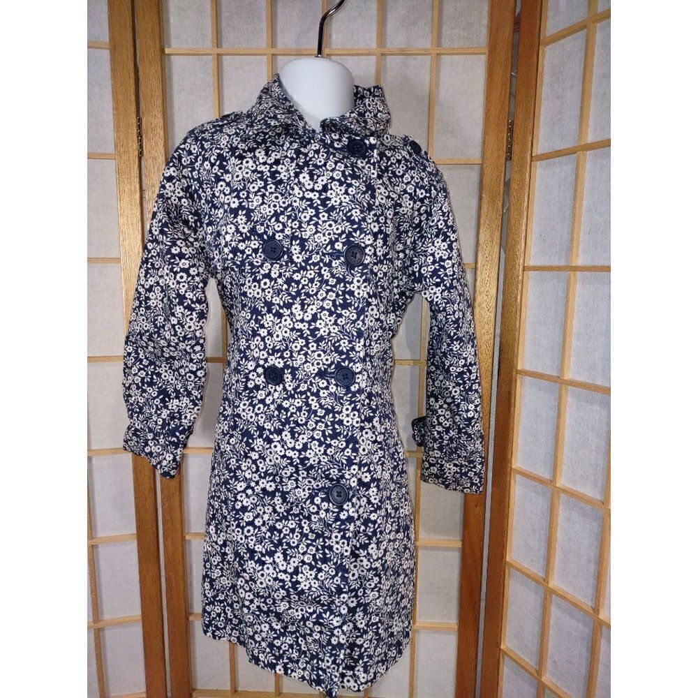 Baby Gap Toddler Size 4 Floral Trench Coat Navy White Double Breasted Jacket
